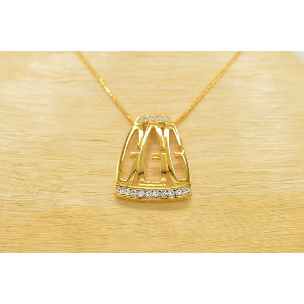 Givenchy Vintage Logo Pendant Necklace G Crystal Gold Signed NOS 80s 1980s Bin8 - Picture 3 of 12